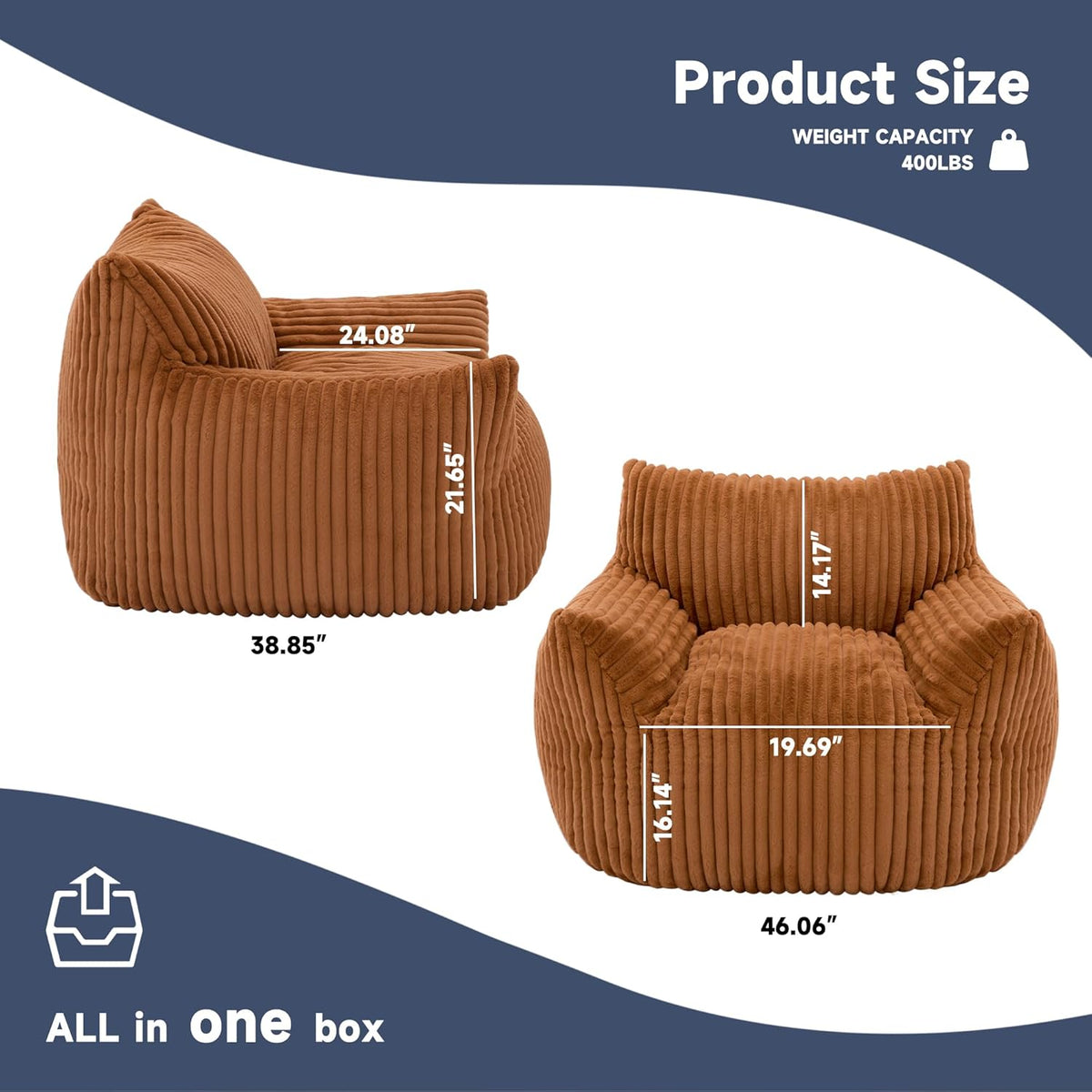 Oversized Bean Bag Chair for Adults, Giant Comfy Plush Boneless Bean Bag Couch with Filler for Kids