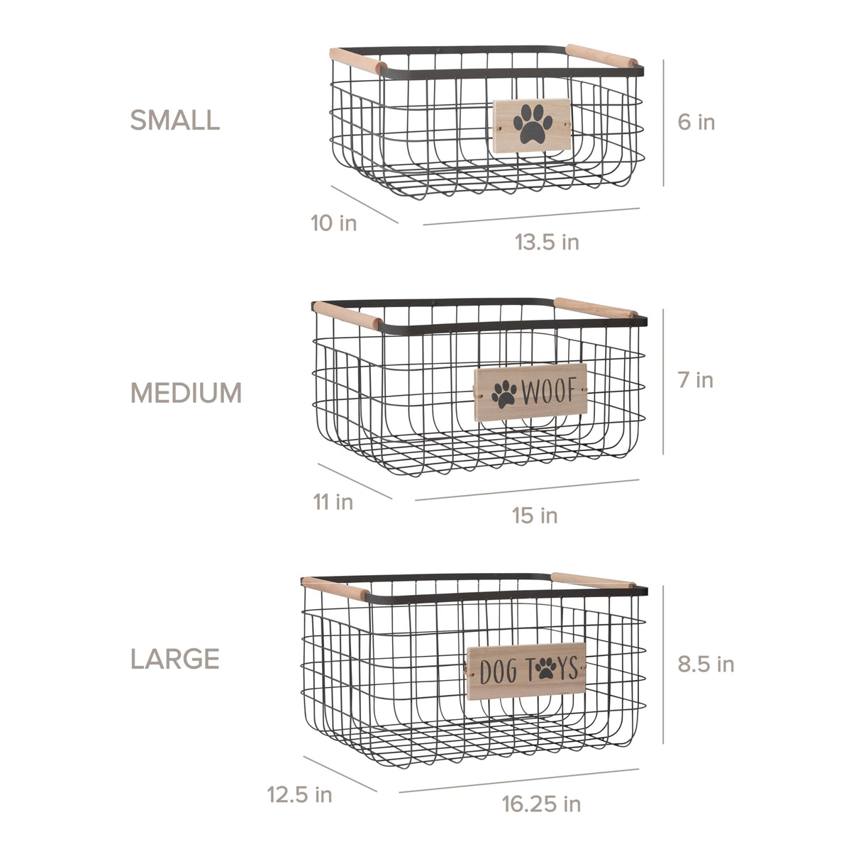 RGI Home Dog Toy Storage Baskets – Set of 3 Rectangular Metal Organizer Bins for Pet and Household