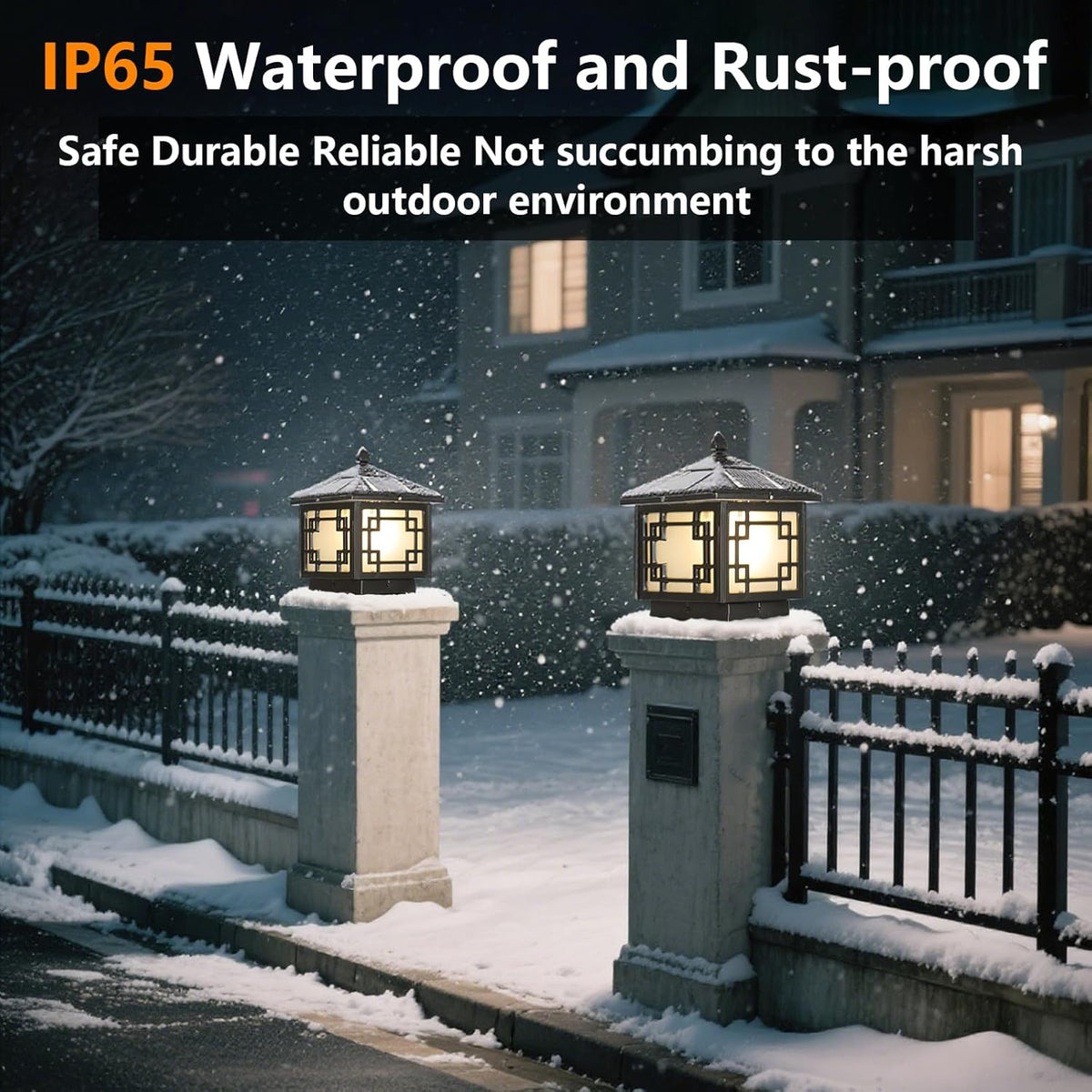 SLAWA 9.8In Solar Lighting Lantern Outdoor Post Caps Light with Solar Powered LED Column Lamp Black