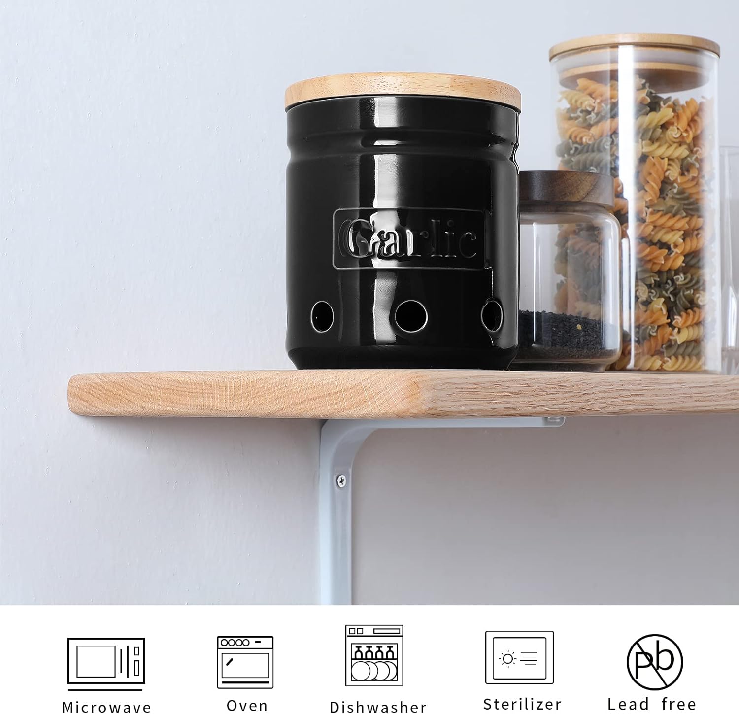 ONTUBE Large Garlic Keeper with Wooden Lid, Ceramic Garlic Holder Storage, Garlic Container for