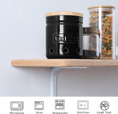 ONTUBE Large Garlic Keeper with Wooden Lid, Ceramic Garlic Holder Storage, Garlic Container for