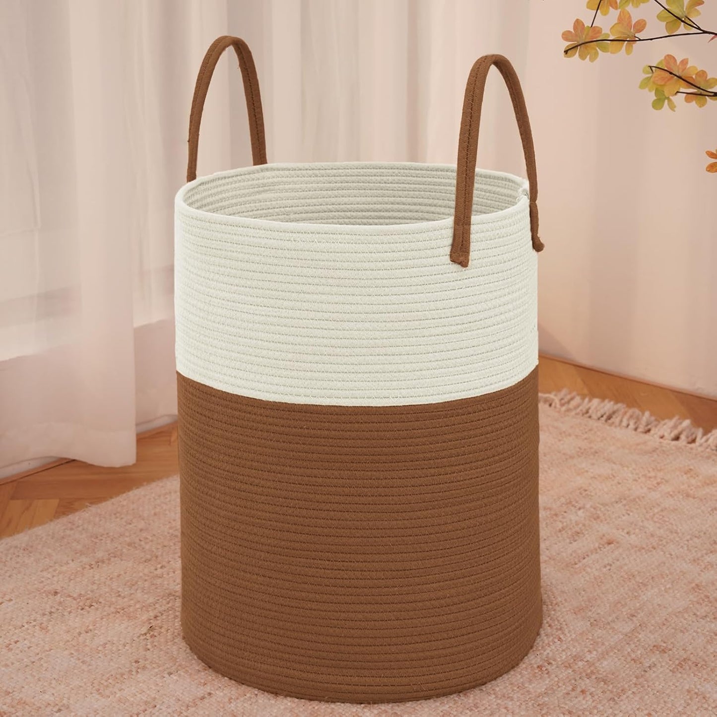 Large Woven Laundry Basket Hamper,60L Cotton Rope Storage Bin for Blankets,Toys and