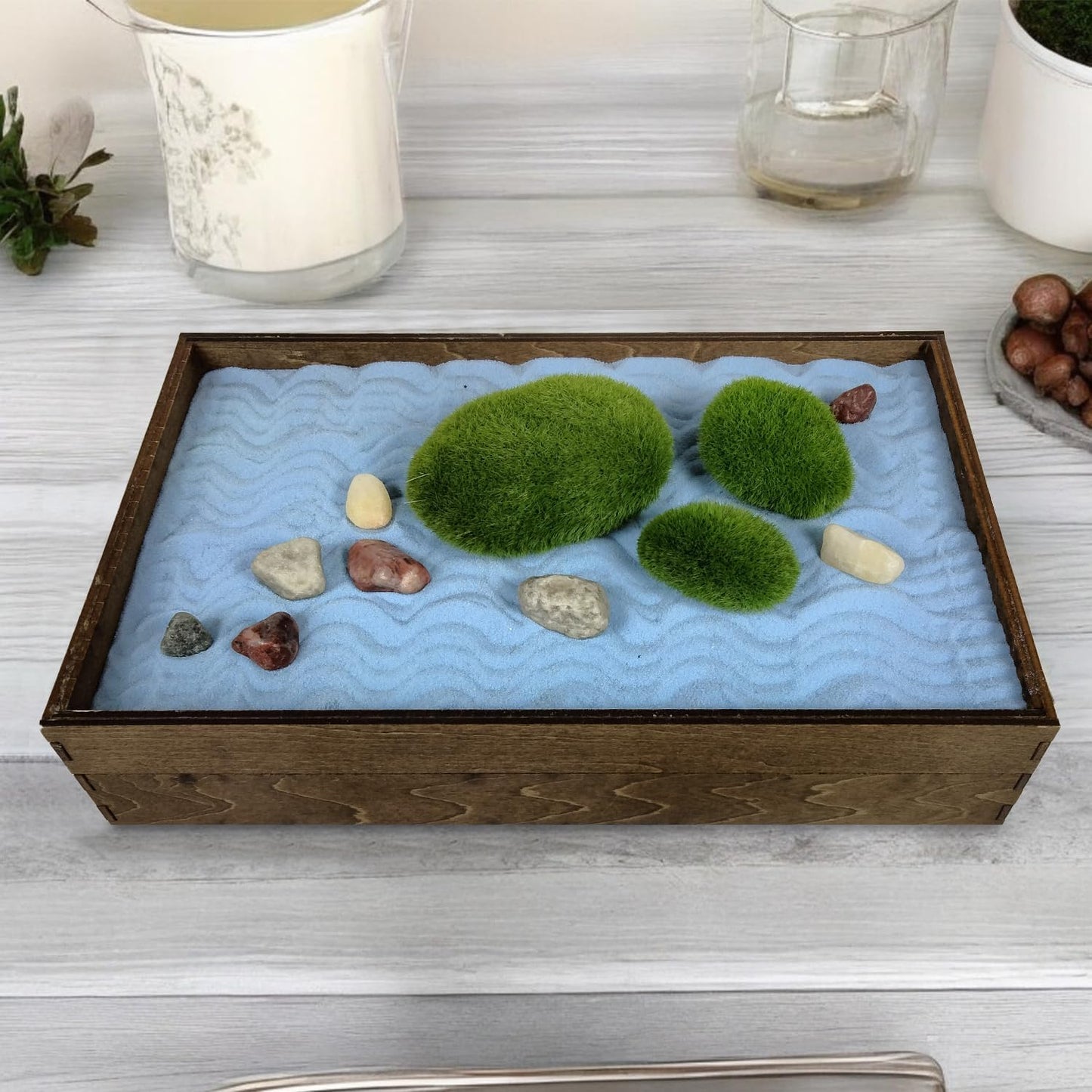 Wooden Stackable Zen Garden | Blue Oasis Sand with Rake & Accessories | Minimalist Decor Gift for