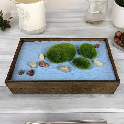 Wooden Stackable Zen Garden | Blue Oasis Sand with Rake & Accessories | Minimalist Decor Gift for