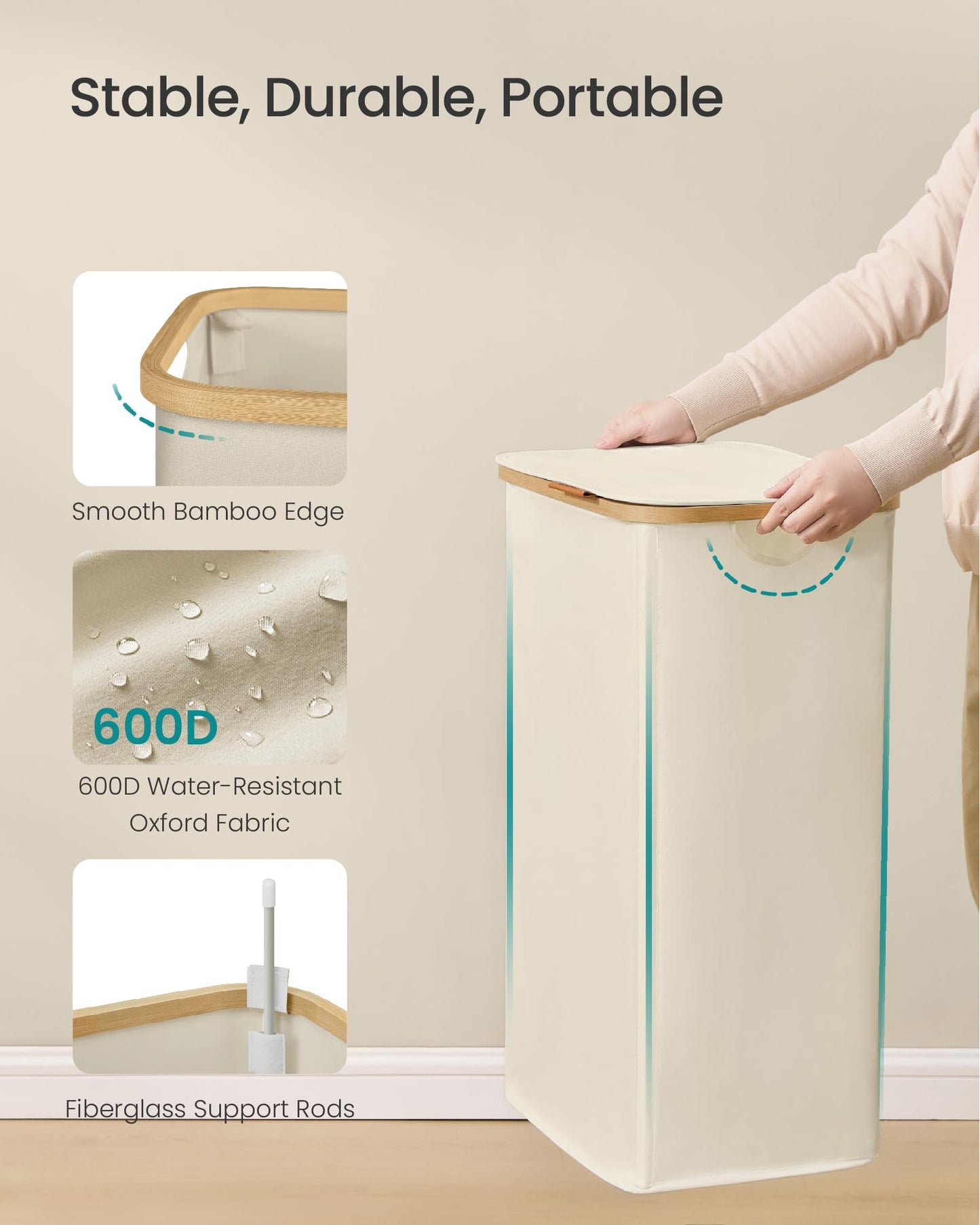 SONGMICS Laundry Hamper, Laundry Basket with Lid, Foldable Storage Basket, Bamboo Frame, for