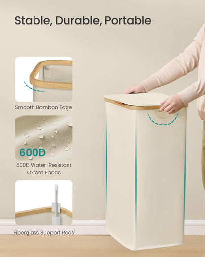 SONGMICS Laundry Hamper, Laundry Basket with Lid, Foldable Storage Basket, Bamboo Frame, for
