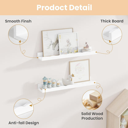 Fun Memories Picture Ledge Shelf for Wall, 24 inch Pine Wood Nursery Book Shelves Set of 2- Wall