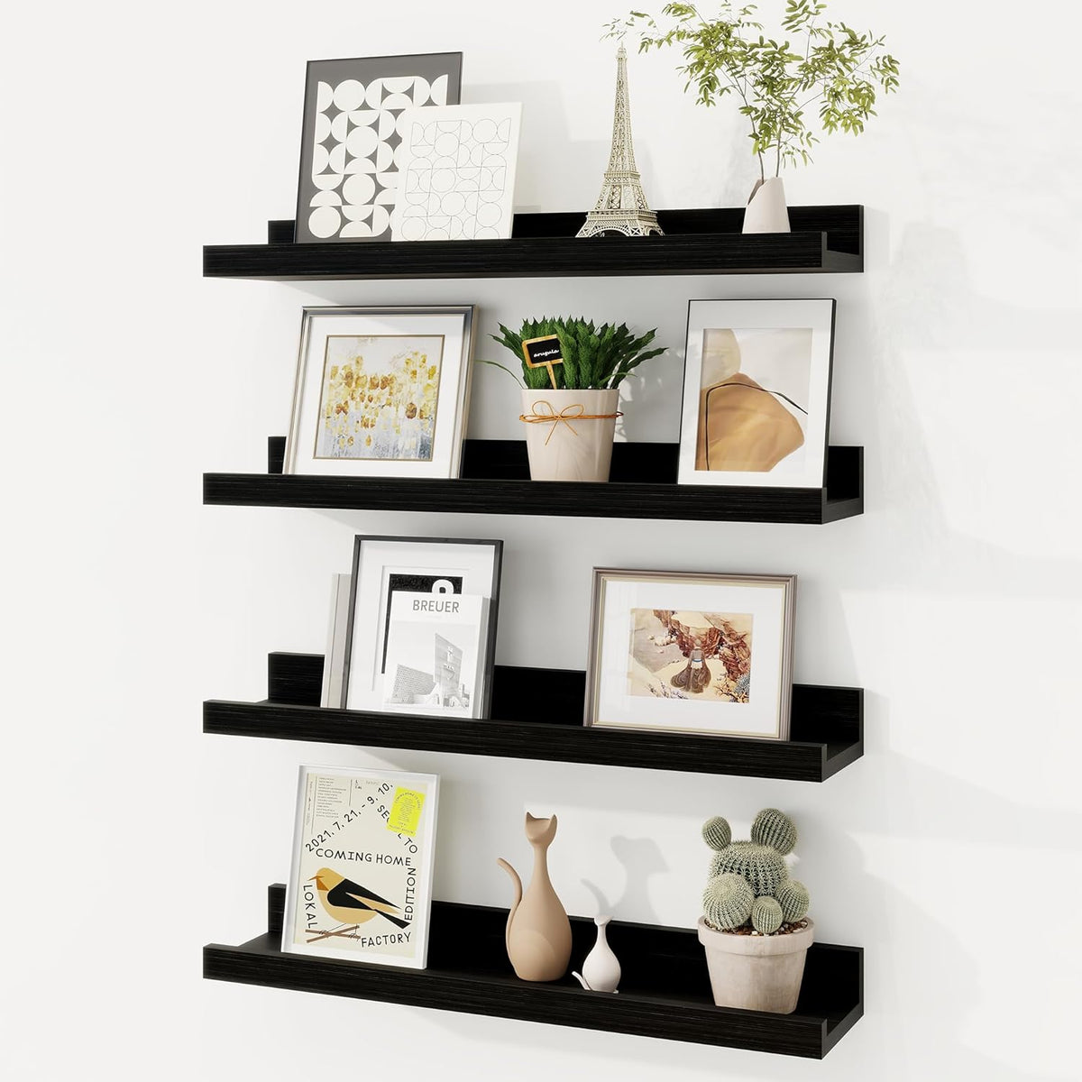 Picture Ledge Shelf, Solid Pine Wood Floating Shelves Set of 4, 16 Inches Nursery Book Shelves for