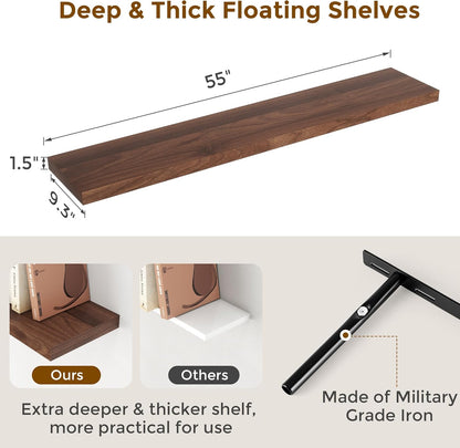 55 Inch Floating Shelves Set of 2, Rustic 55 x 9 Floating Shelf for Wall, 9 Inch Deep Wall Shelves