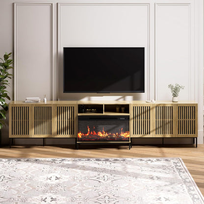 3-Sided Glass Farmhouse Fireplace TV Stand for TVs Up to 110 Inch, Oak Entertainment Center with