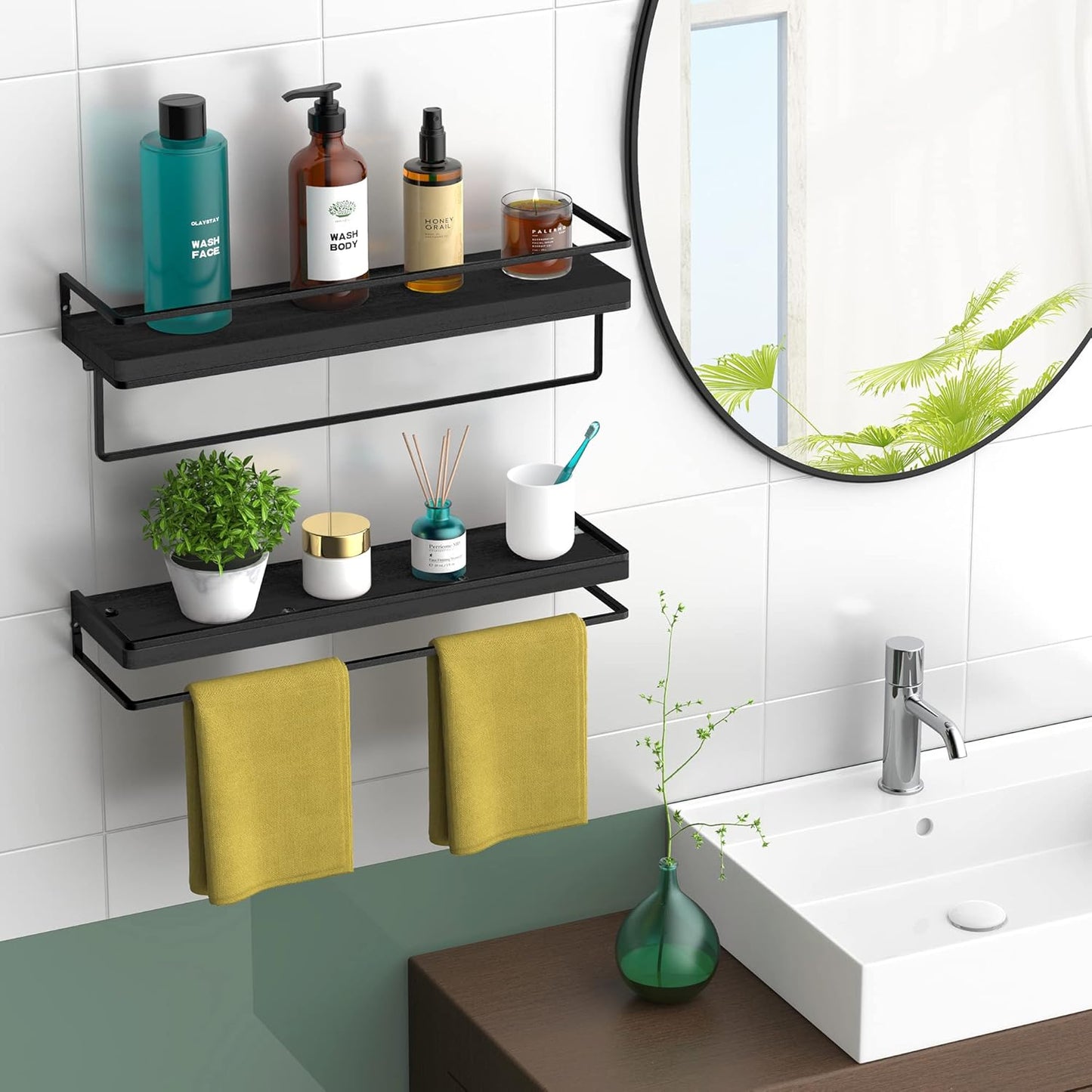 Meangood Floating Shelves Wall Mounted Set of 2, Wall Shelf with Towel Bar Rustic Wood Wall Storage