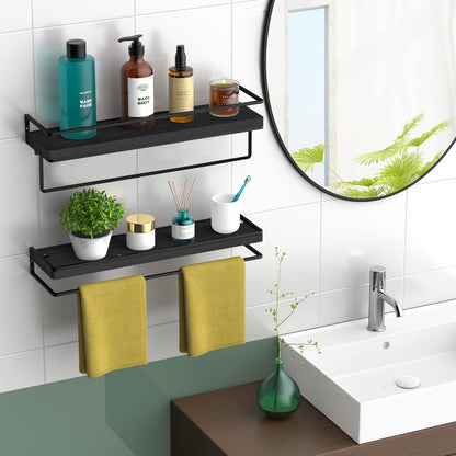 Meangood Floating Shelves Wall Mounted Set of 2, Wall Shelf with Towel Bar Rustic Wood Wall Storage