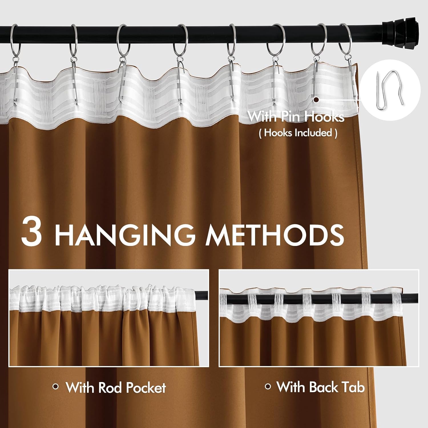 MIULEE Golden Brown Back Tab Blackout Curtain 96 Inch Long 2 Panels Set for Bedroom, Rod