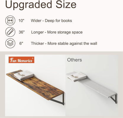 36"W x 10"D Floating Shelves, 10 Inch Deep Floating Shelves, Farmhouse Rustic Deep Wall Shelves for