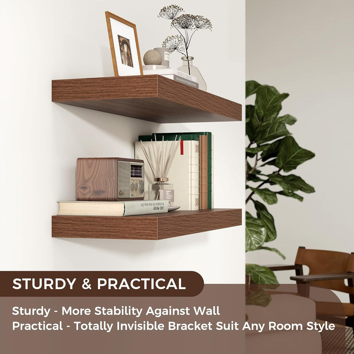 Floating Shelves - 2 Large Wall Mounted Shelves with Invisible Brackets, Long Wood Floating Wall