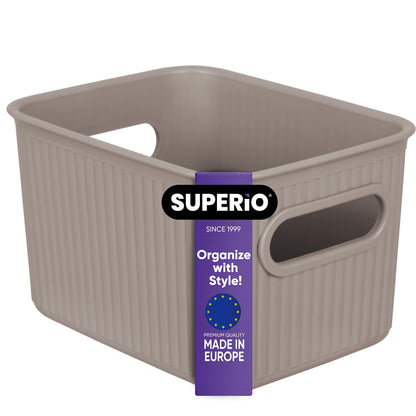Superio Ribbed Collection - Decorative Plastic Basket Open Home Storage Bins Organizer, Small Taupe