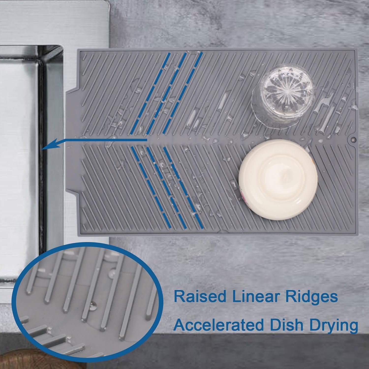 Silicone Dish Drying Mat for Kitchen Counter, 15''x 10'' Drying Mat with Drain Lip, Non-Slip Dish