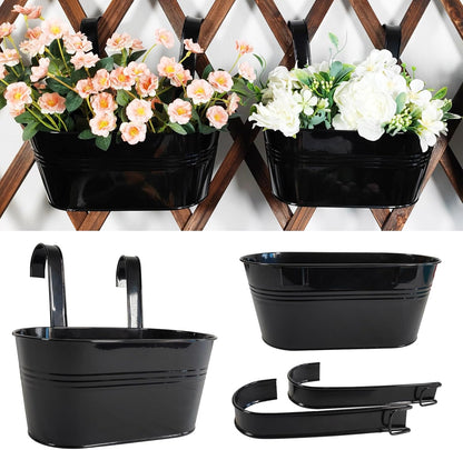 2 Pack Metal Hanging Planter for Outdoor Plants, 10 Inch Black Fence Planters Railing Pots for