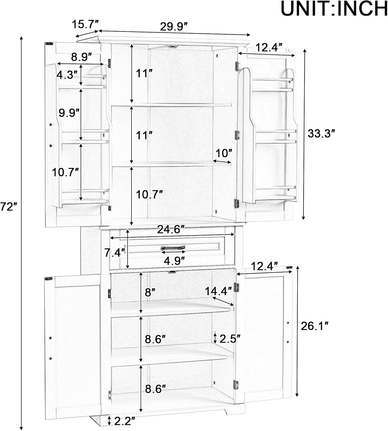 72.2" Tall Storage Cabinet with 4 Doors and Drawer, Freestanding Linen Cabinet, Wooden Pantry with