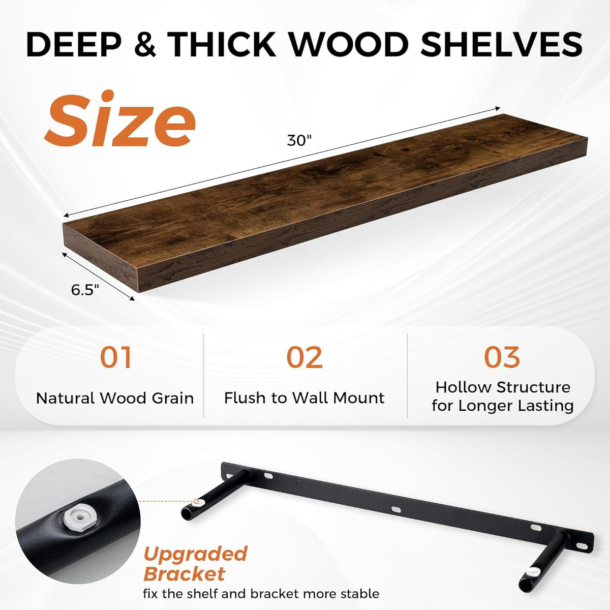 Fun Memories Floating Shelves for Wall, 30" Rustic Wood Deep Wall Mounted Shelves with Invisible