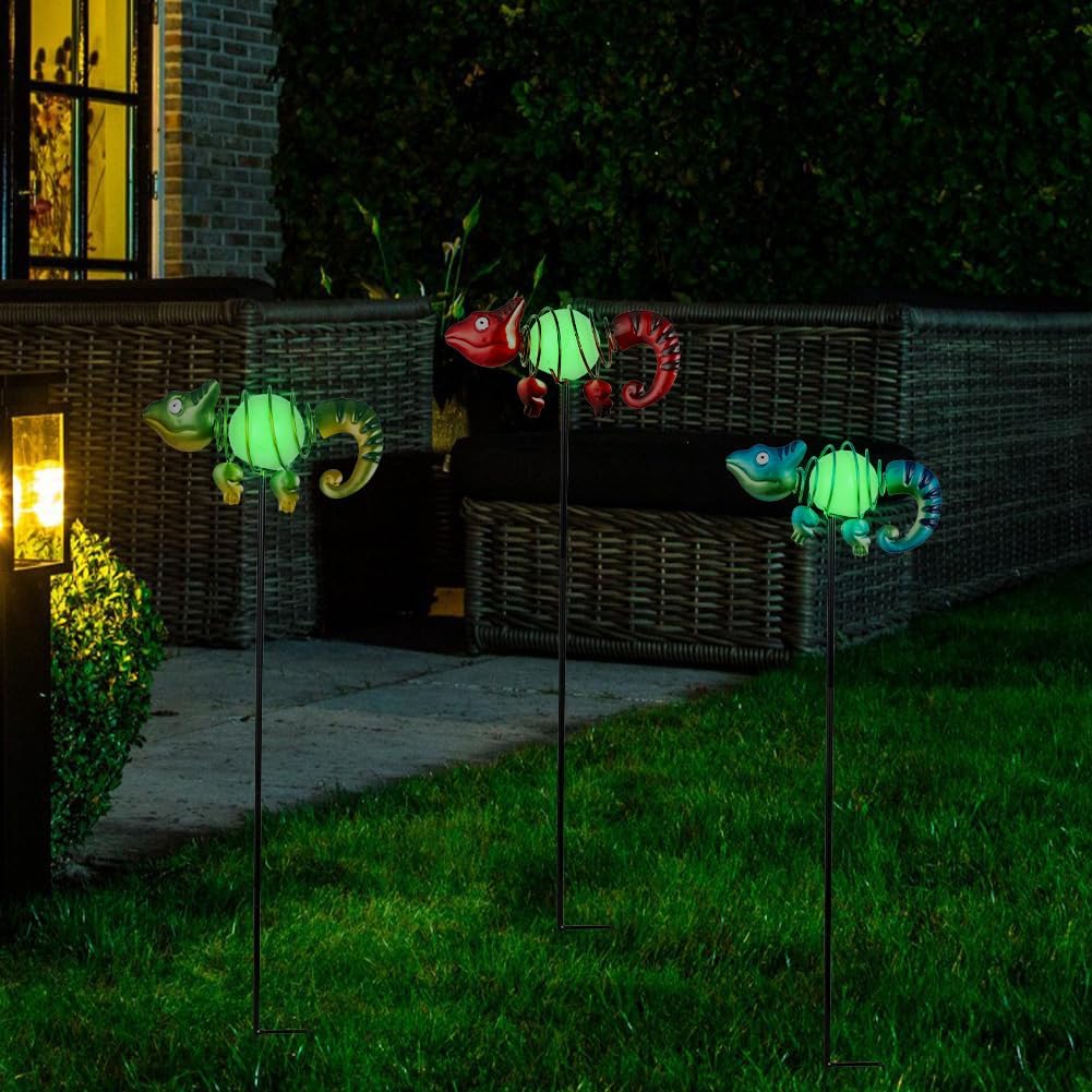 3 Pack Garden Stakes Decorative,Cute Chameleons Glow in The Dark Metal Garden Decor,Waterproof
