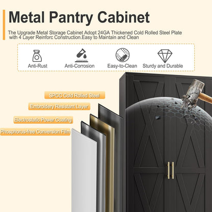 75" Tall Metal Kitchen Pantry Storage Cabinet, Freestanding Cupboard with 2 Doors and 5 Adjustable