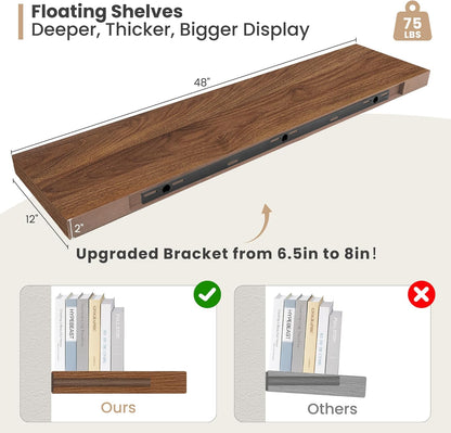 Heimlove 12 Inch Deep Floating Shelves, 48 x 12 inches Long Wall Shelf, Large Display Shelf &