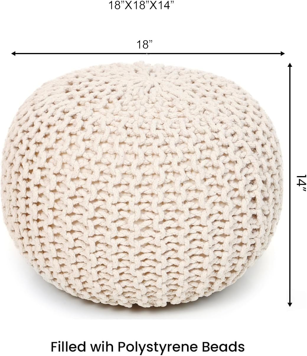REDEARTH Round Pouf Ottoman –18"x18"x14" Hand-Knitted Cotton Pouffe –Cable Footstool –Boho Dori