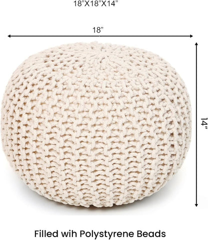 REDEARTH Round Pouf Ottoman –18"x18"x14" Hand-Knitted Cotton Pouffe –Cable Footstool –Boho Dori
