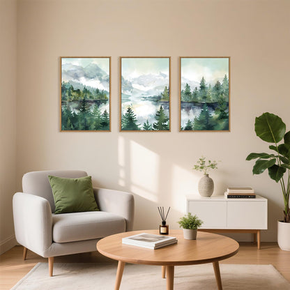 Watercolor Mountain Framed Canvas Wall Art Set, Boho Forest Wall Decor, Nature Green Pines Wall