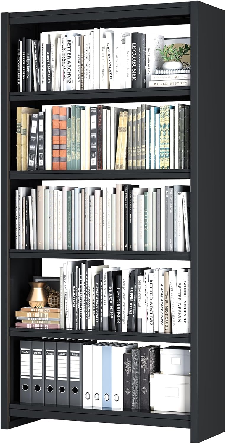 Bookshelf, 5 Shelf Bookcases, Tall Bookcase for Heavy Books, CDs, Movies, Garage Kit, Modern