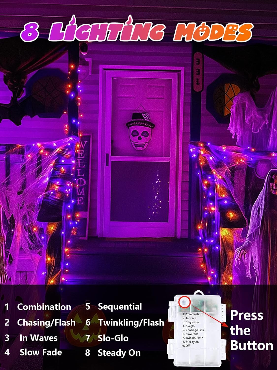 2 Pack Halloween String Lights Battery Operated with Timer, 66FT 200 LED Waterproof Orange and
