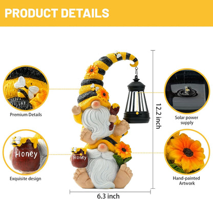 Solar Bee Garden Gnomes with LED Lantern – Waterproof Stacked Outdoor Decor for Yard, Patio