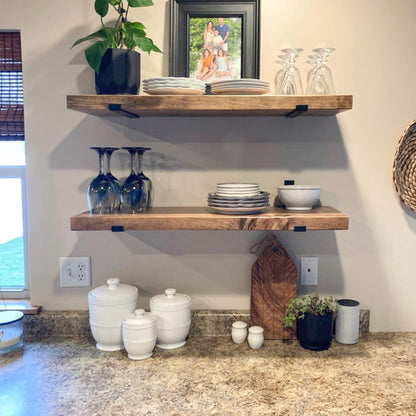 URBANDI, Rustic Floating Shelves, Set of 2, Hidden Bracket, Solid Wood, Heavy Duty, Wall Mounted