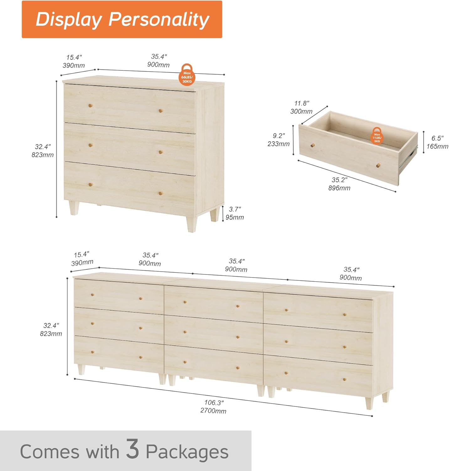 WAMPAT Dresser with 9 Drawers, Bedroom 3-in-1 Wide Wooden Chest of Drawers, Modern Long Dressers