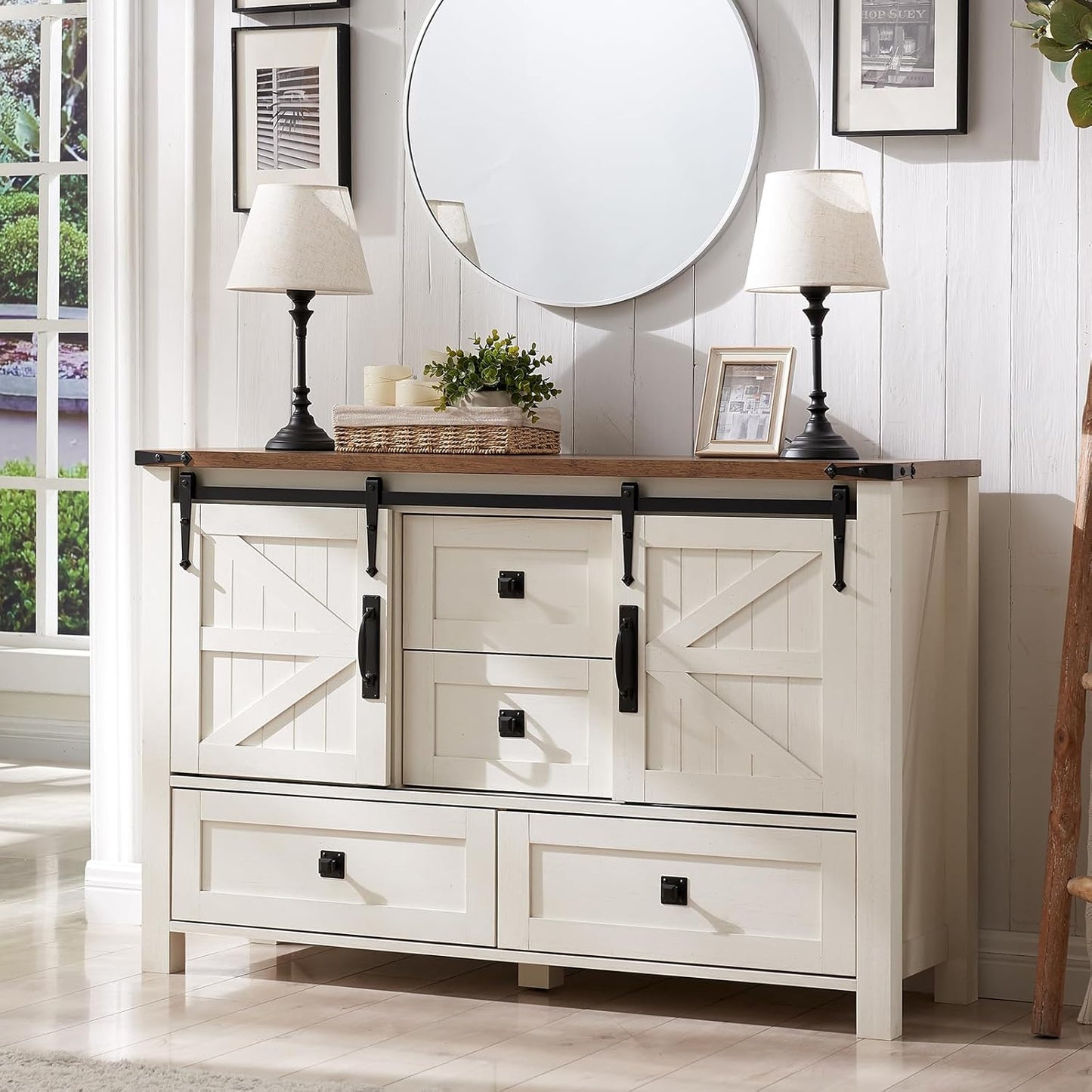 T4TREAM Farmhouse Dresser for Bedroom w/4 Drawers & Sliding Barn Doors, 48'' Wide Chest of Drawers