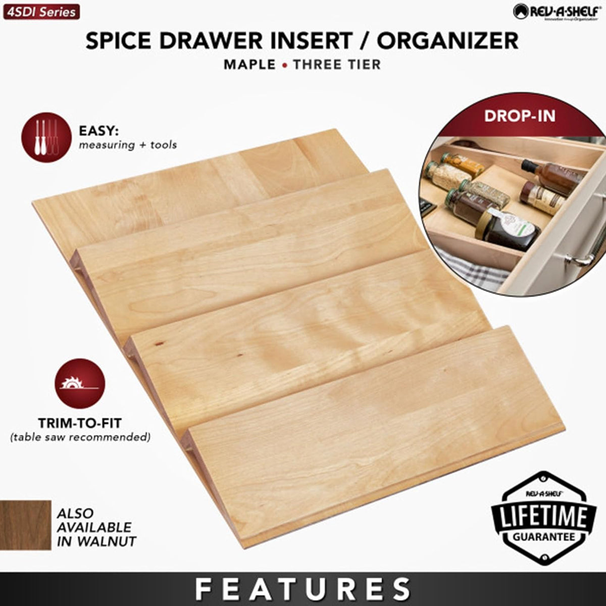 Rev-A-Shelf 16" 3 Tiered Seasoning Organizer, Trim-to-Fit Wooden Kitchen Draw and Cabinet Home