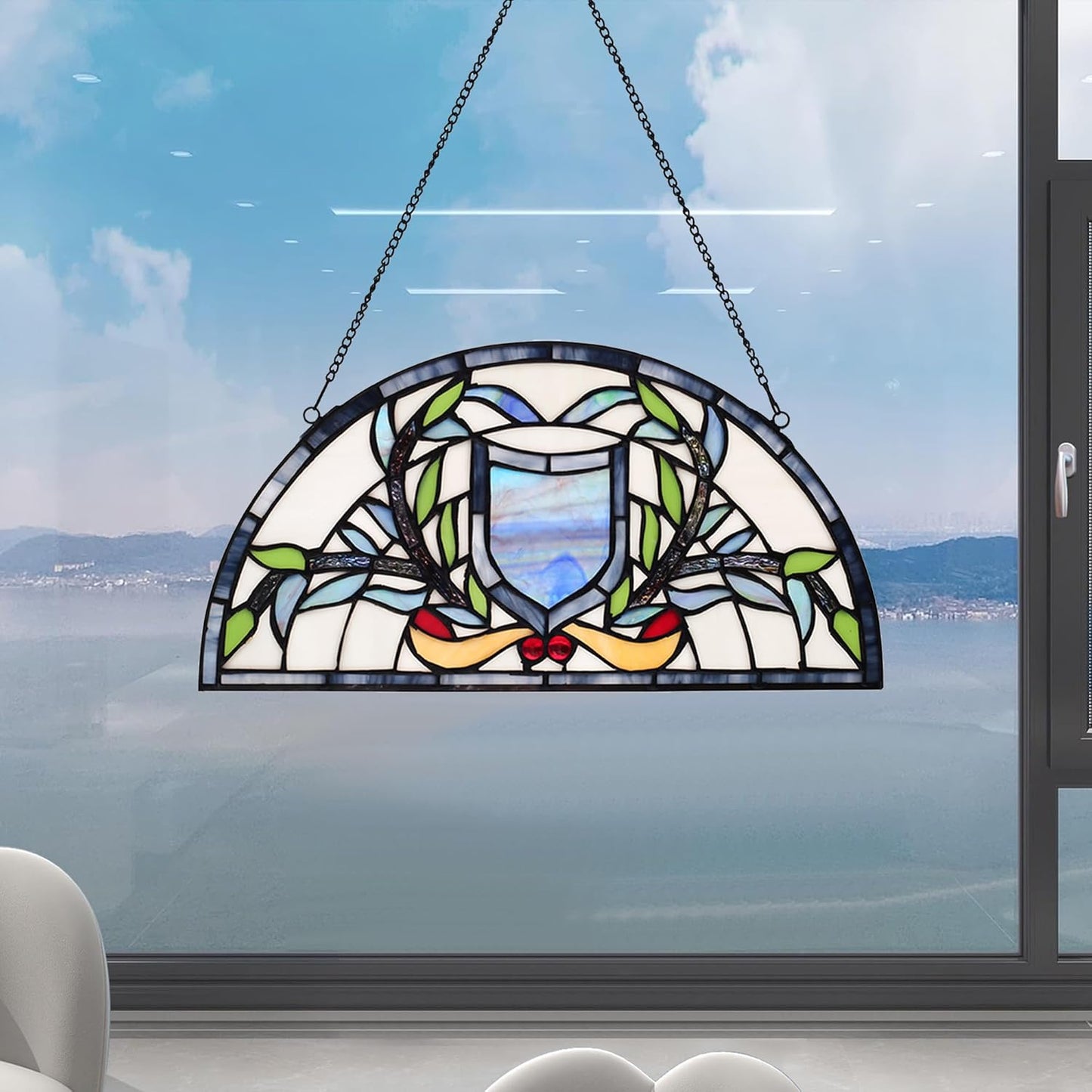 YOURANJU Half Moon Stained Glass Window Hanging Tiffany Style 16" x 8" Half-Round Window Panel