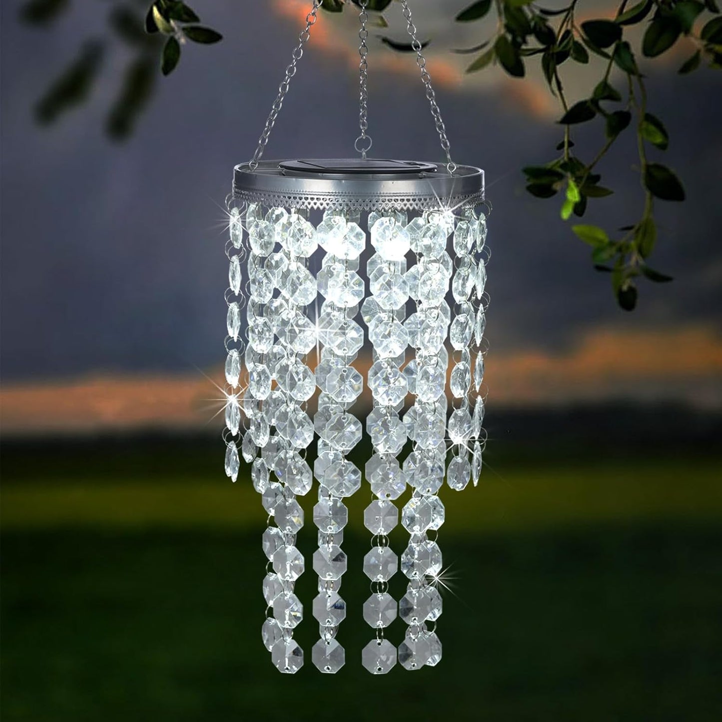Hanging Solar Lantern Outdoor, 2 Tiers 21” Solar Transparent Acrylic Beaded Chandelier with Cool