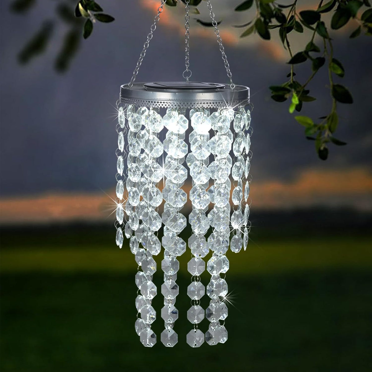 Hanging Solar Lantern Outdoor, 2 Tiers 21” Solar Transparent Acrylic Beaded Chandelier with Cool
