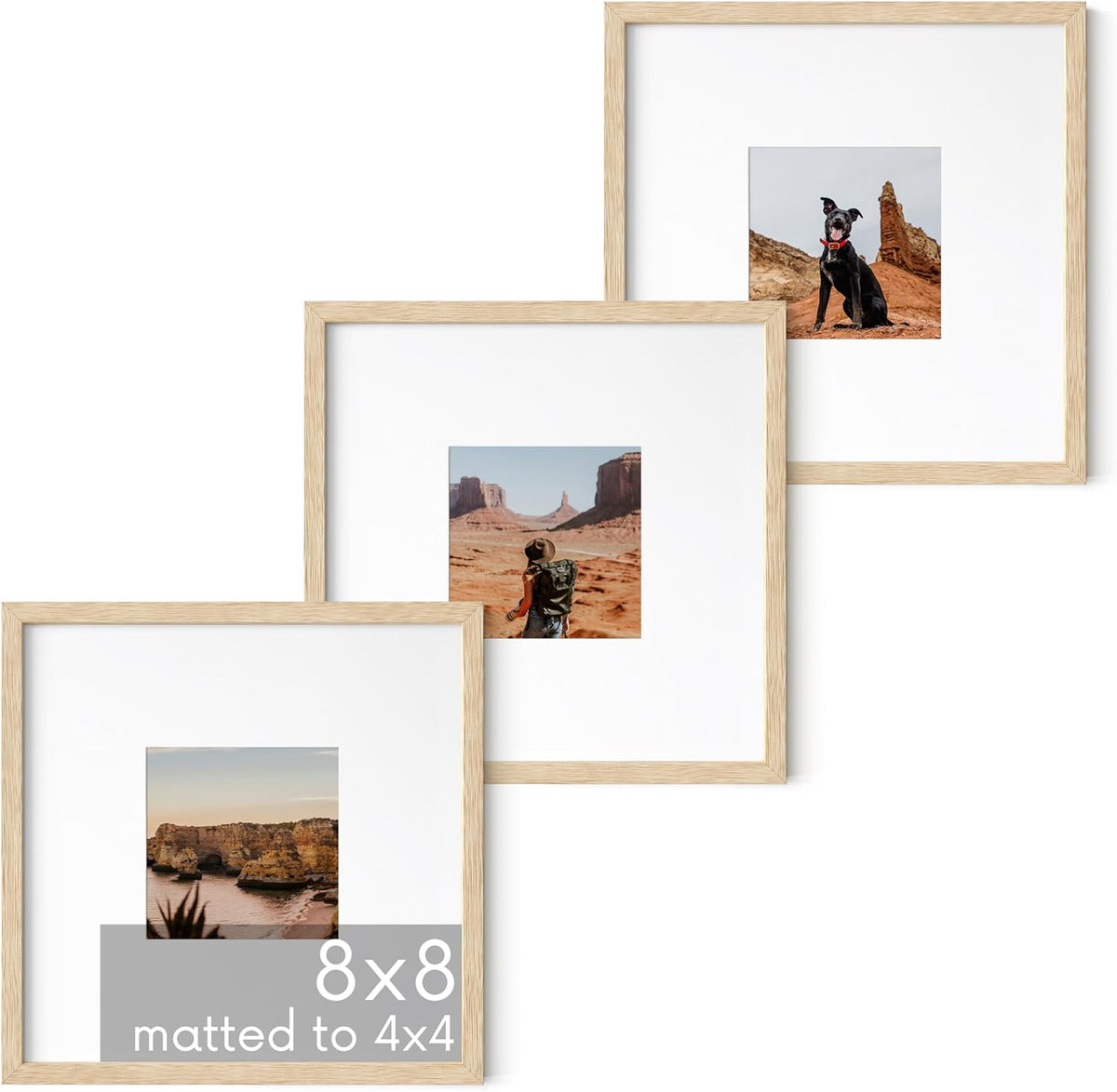 HAUS AND HUES Solid Oak Wood 8”x8” Picture Frames Matted to 4”x4” Set of 3-8x8 Standard Square