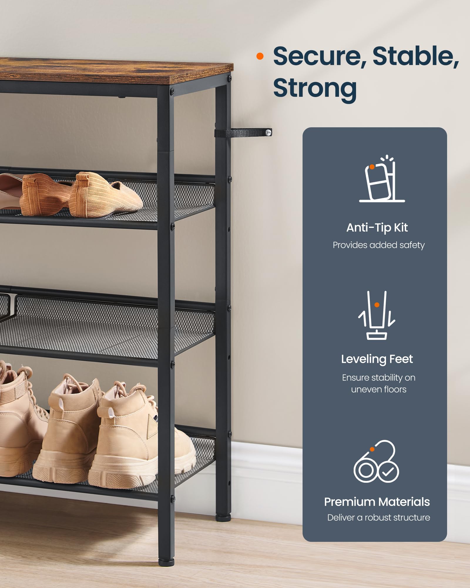 SONGMICS HOME 4 Tier Shoe Storage Organizer, Freestanding Shoe Rack, Dense Mesh, for Living Room