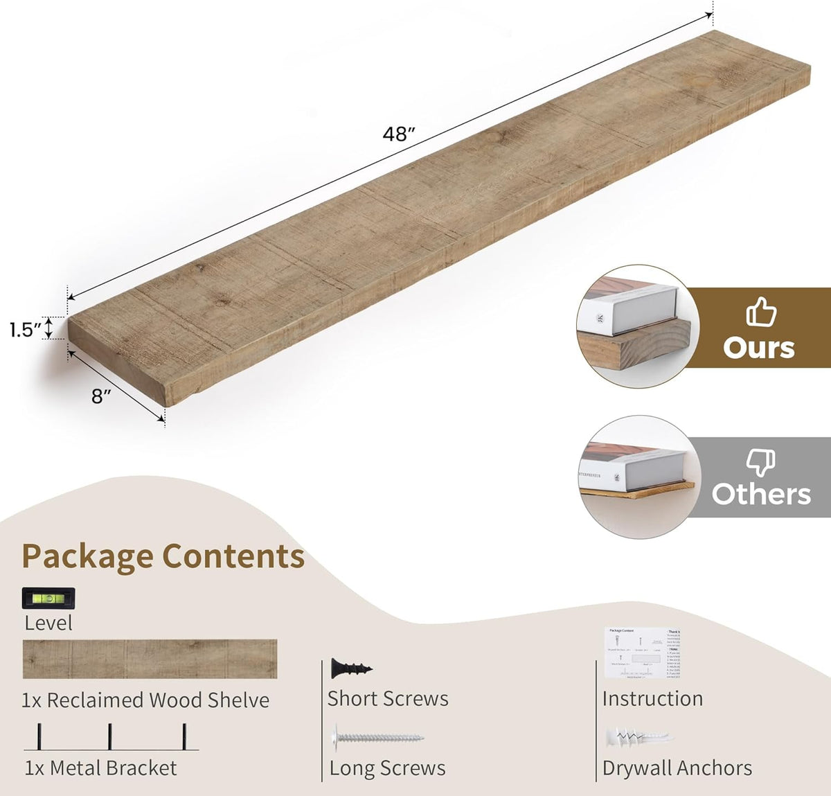 Floating Shelves - 8" Deep Rustic Reclaimed Barnwood Wall Hanging Shelves with Invisible Heavy-Duty