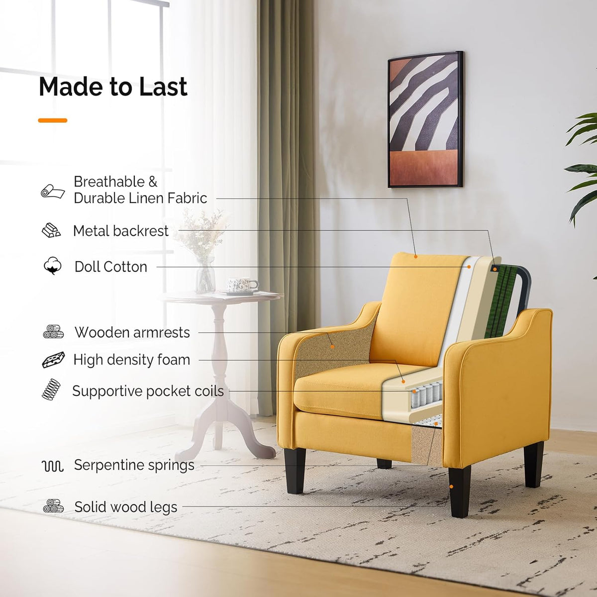 VINGLI Accent Chair for Living Room Chairs Yellow Reading Chair for Bedroom Scooped Arm Chair Mid