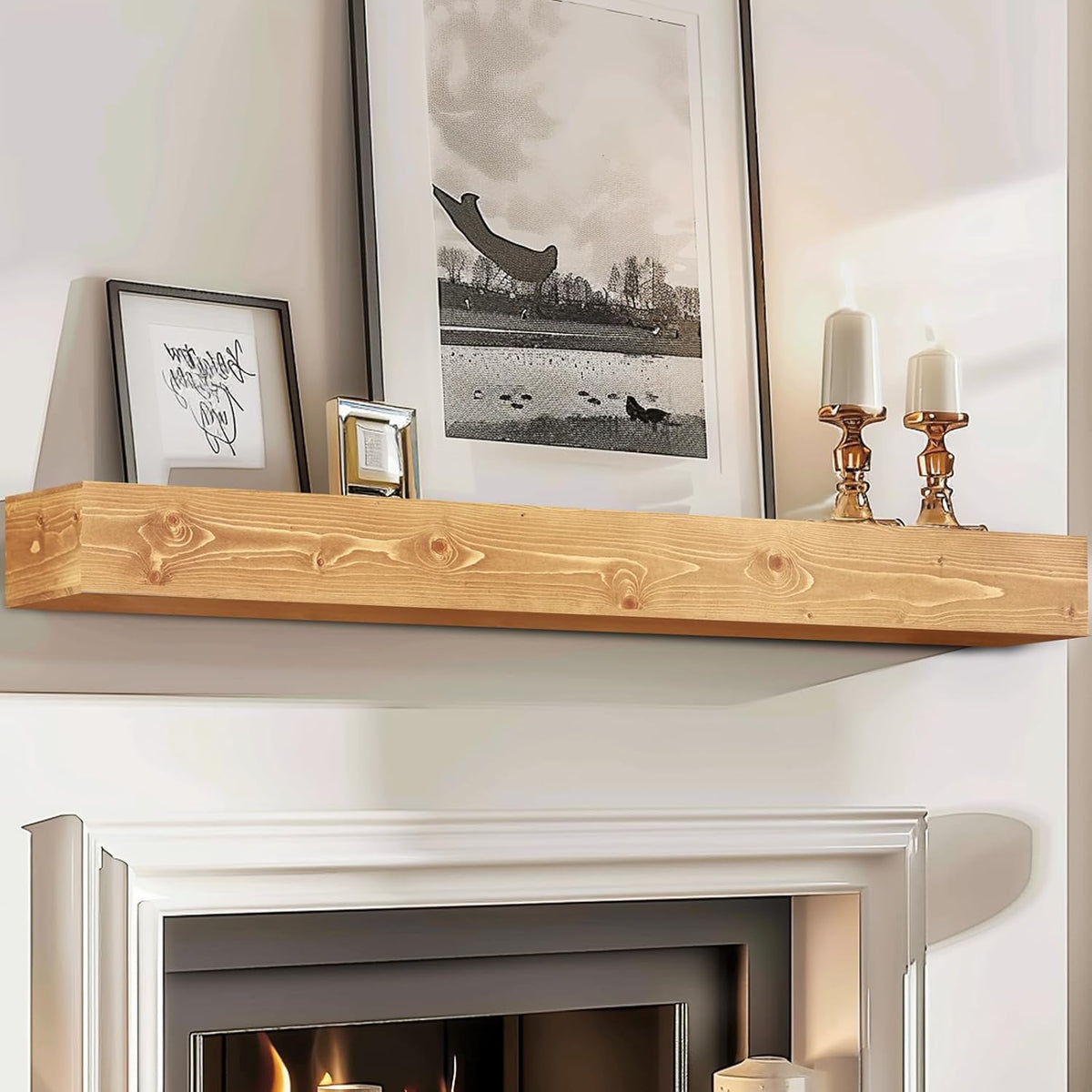 72x8x5 Fireplace Mantel - Handcrafted Rustic Solid Wood Wall Mounted Floating Shelf with Invisible