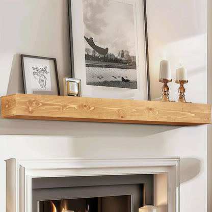 72x8x5 Fireplace Mantel - Handcrafted Rustic Solid Wood Wall Mounted Floating Shelf with Invisible