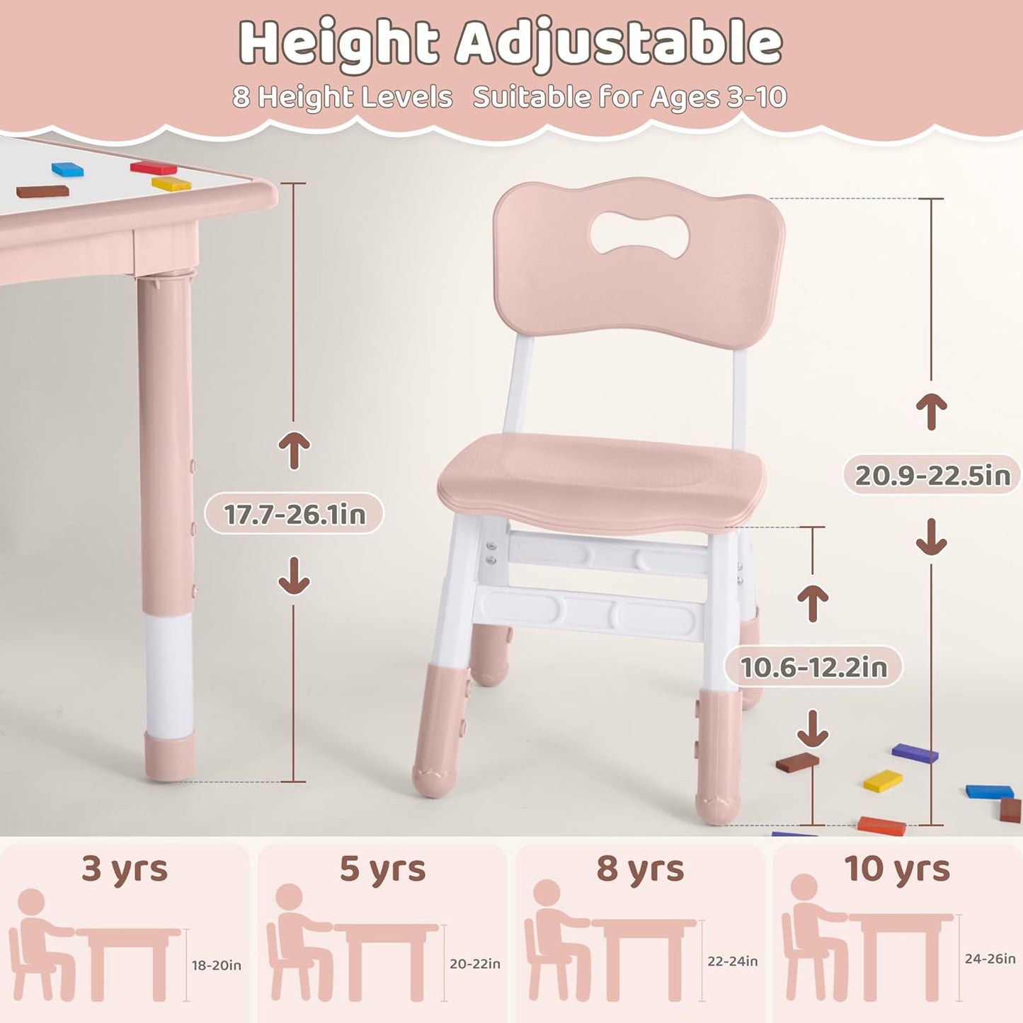 Kids Table and 2 Chairs Set, Height Adjustable (17.7"-26.1") Toddler Table and Chair Set