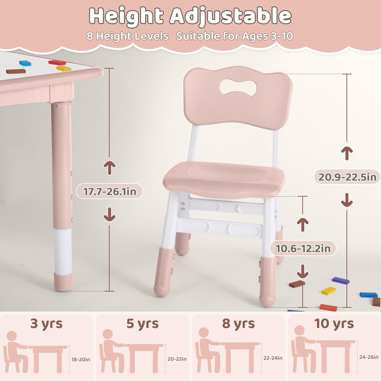 Kids Table and 2 Chairs Set, Height Adjustable (17.7"-26.1") Toddler Table and Chair Set