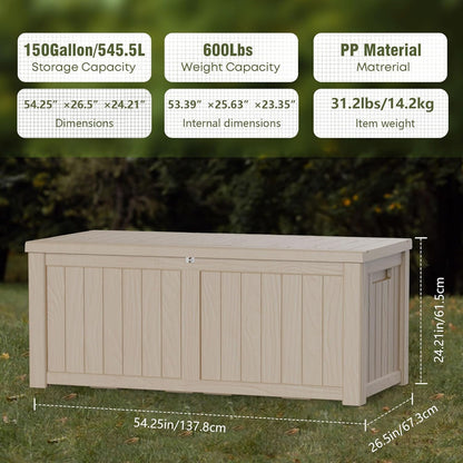 150 Gallon Resin Deck Box, Waterproof Outdoor Storage Bin for Patio Furniture, Pool Accessories