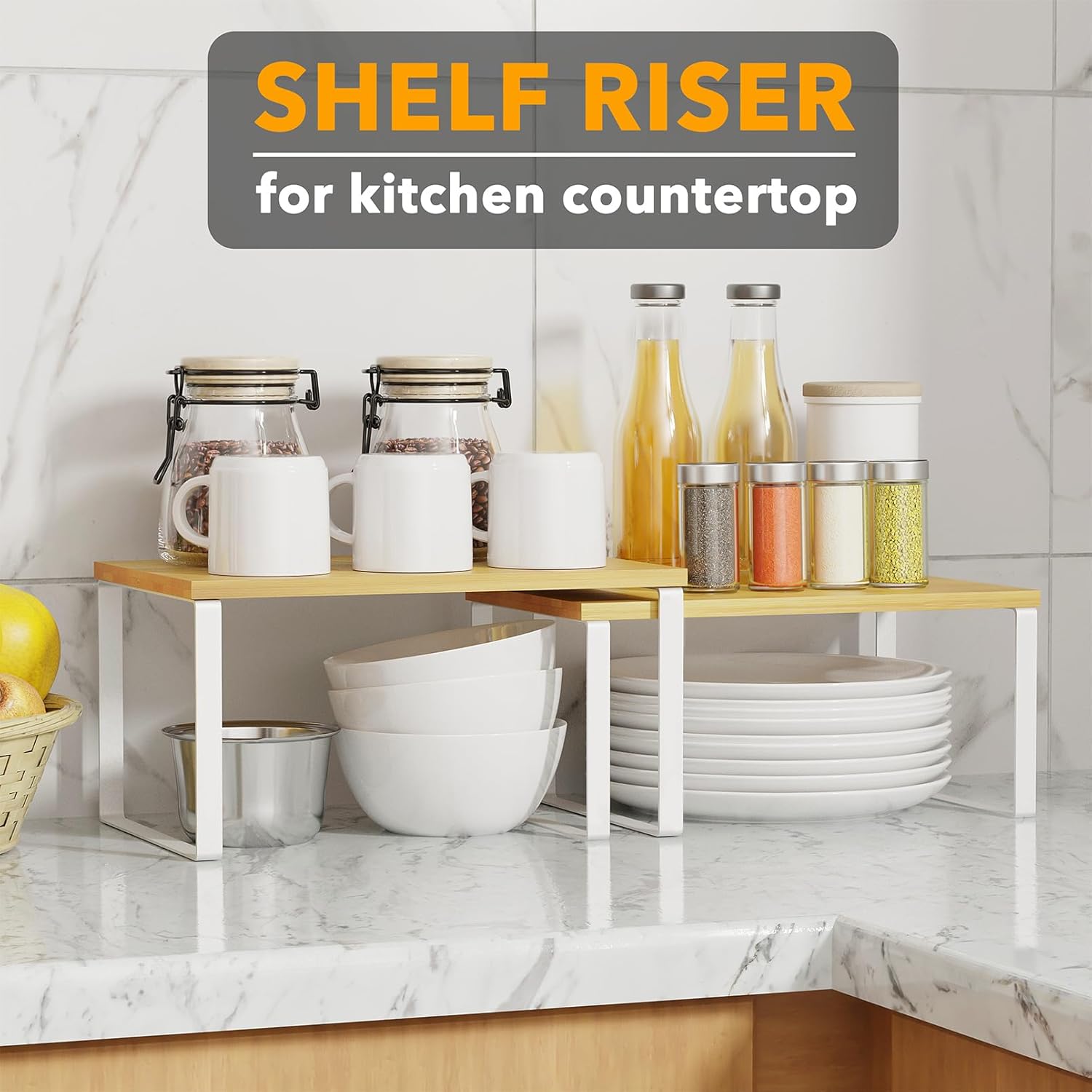 SpaceAid Cabinet Shelf Organizers 2 Pack, Kitchen Counter Rack Shelves Riser, Stackable Expandable